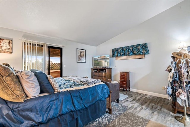 1315 Hermana Ct, Vista, CA 92084 - bedroom featuring wood finished floors, lofted ceiling, access to outside, and baseboards