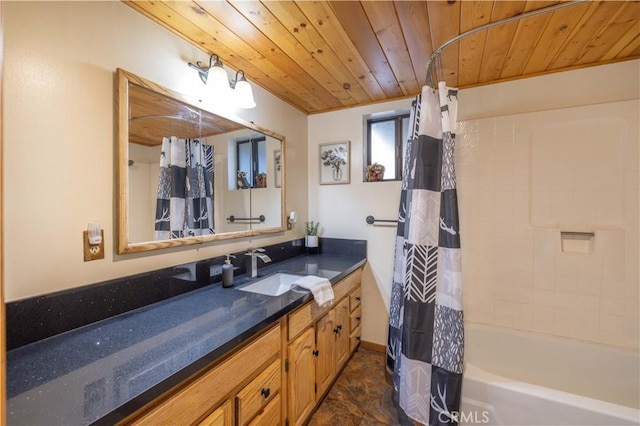 bathroom with vanity, shower / tub combo with curtain, and wooden ceiling