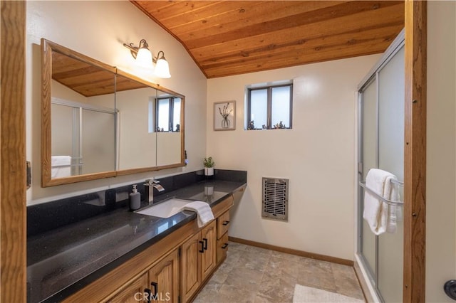full bath with visible vents, wood ceiling, a stall shower, and vaulted ceiling