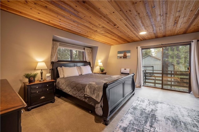 bedroom featuring wood ceiling, light carpet, and access to exterior