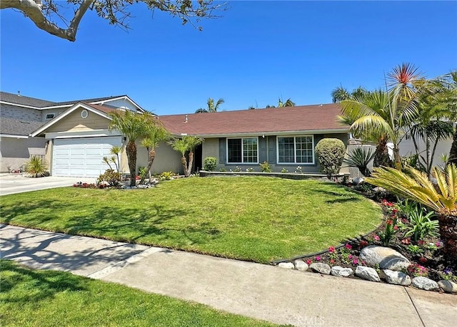 single story home featuring a garage, stucco siding, a front yard, and concrete driveway