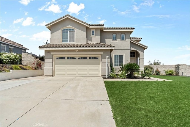 8309 Clover Creek Rd, Riverside, CA 92508 - mediterranean / spanish-style house featuring concrete driveway, an attached garage, stucco siding, a front yard, and a tiled roof
