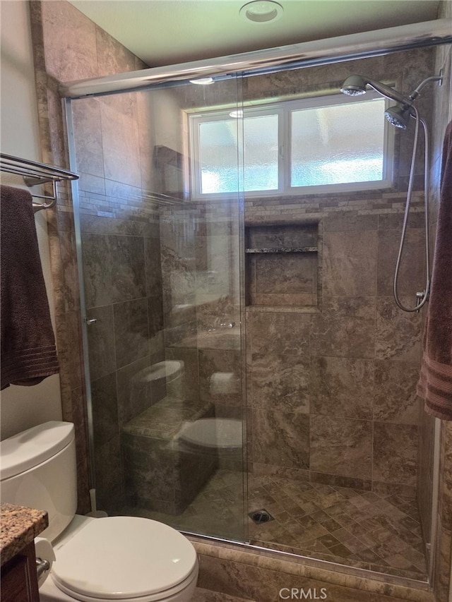 bathroom with vanity, a stall shower, and toilet