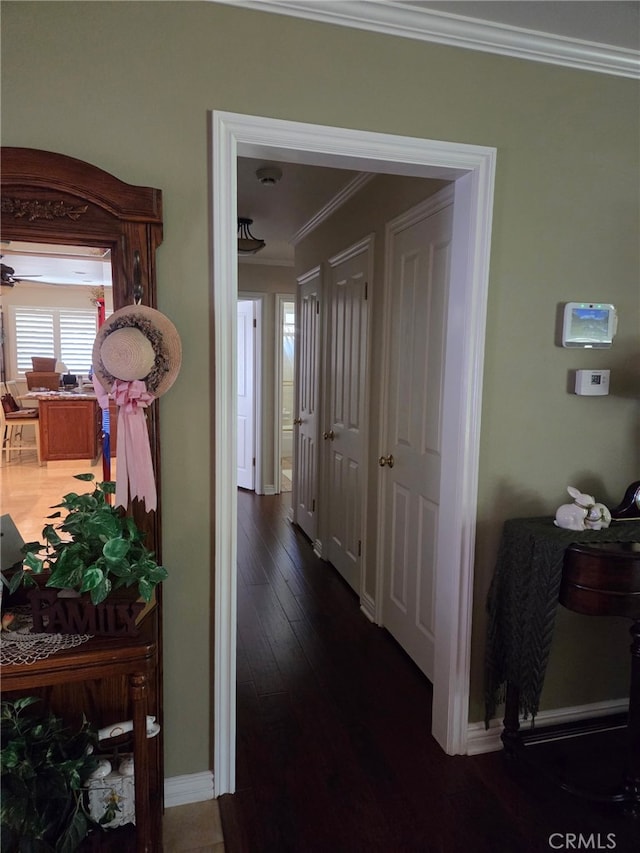 hall with baseboards, ornamental molding, and dark wood-type flooring
