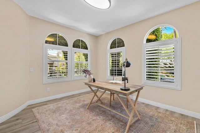 office space featuring baseboards and wood finished floors