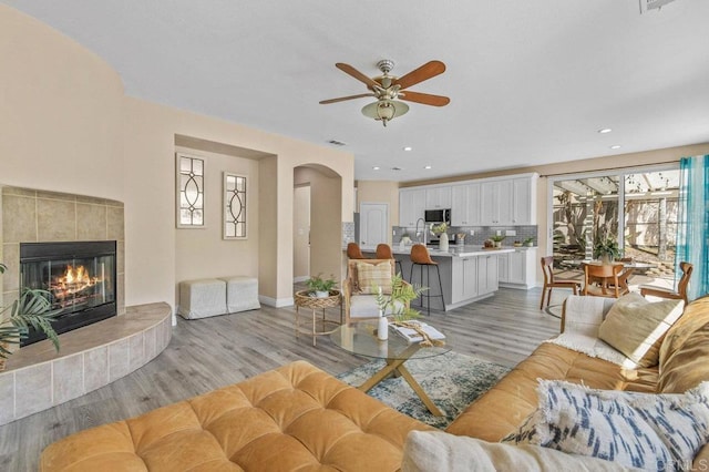 living area featuring ceiling fan, a healthy amount of sunlight, and light wood finished floors