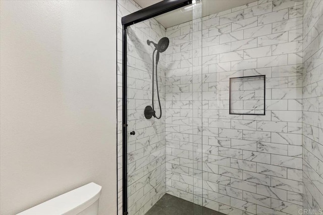 bathroom with a stall shower and toilet