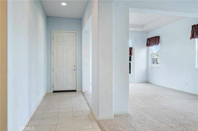 2612 Silverwood Way, Paso Robles, CA 93446 - hallway with baseboards, recessed lighting, light carpet, and light tile patterned floors