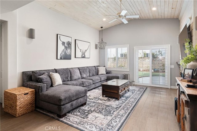 27975 Langley Pl, Castaic, CA 91384 - living room with light wood-type flooring, vaulted ceiling, wood ceiling, a ceiling fan, and recessed lighting