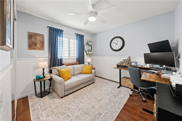 27975 Langley Pl, Castaic, CA 91384 - home office featuring wainscoting, dark wood finished floors, ceiling fan, and a decorative wall