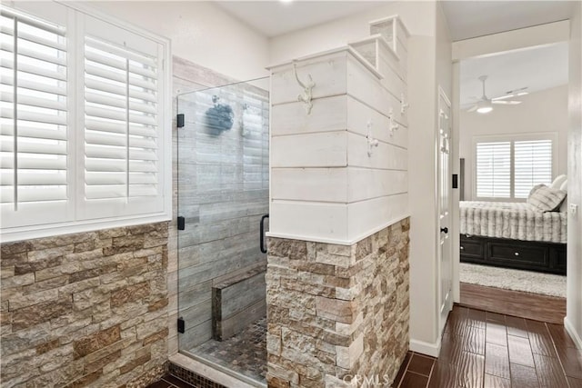 27975 Langley Pl, Castaic, CA 91384 - ensuite bathroom featuring a stall shower and ceiling fan