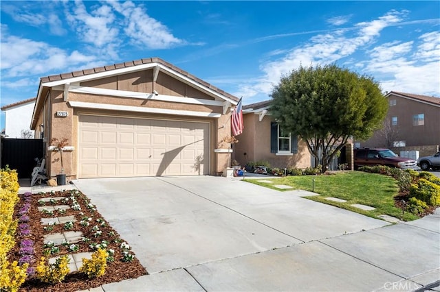 27975 Langley Pl, Castaic, CA 91384 - ranch-style house with stucco siding, a garage, driveway, and a front lawn