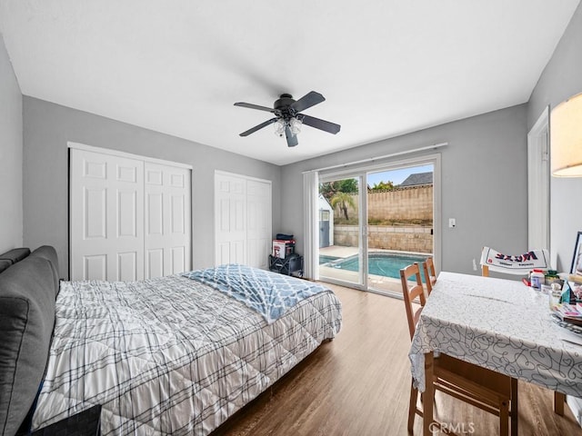 10478 Nutmeg St, Rancho Cucamonga, CA 91730 - bedroom with multiple closets, a ceiling fan, wood finished floors, and access to exterior