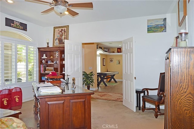 office area featuring light colored carpet, recessed lighting, and ceiling fan