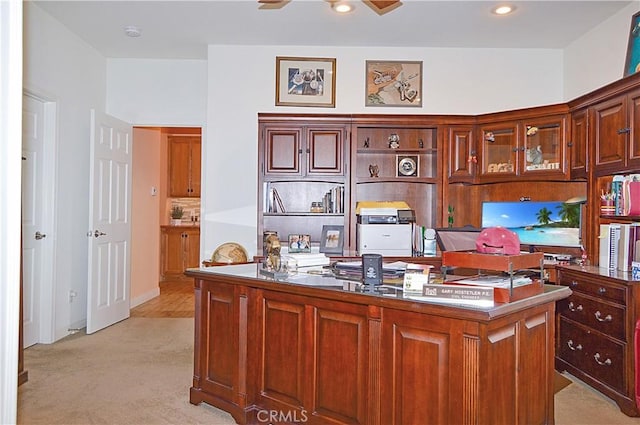 office featuring light colored carpet, recessed lighting, and ceiling fan