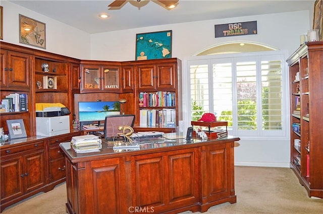 office featuring recessed lighting, a ceiling fan, and light carpet