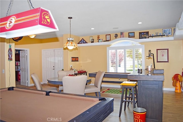 rec room with baseboards, recessed lighting, wood finished floors, and pool table