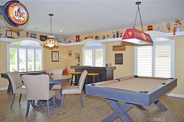 recreation room featuring baseboards, recessed lighting, wood finished floors, and pool table