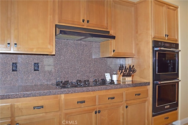 kitchen with backsplash, under cabinet range hood, black appliances, and light brown cabinets