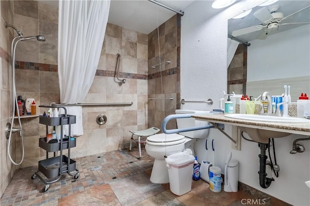 838 Pine Ave Unit 202, Long Beach, CA 90813 - full bathroom featuring ceiling fan, toilet, and tiled shower