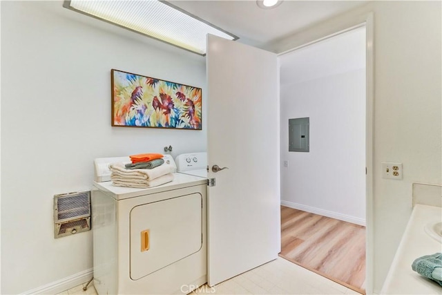 125 Via Estrada Unit B, Laguna Woods, CA 92637 - washroom with laundry area, electric panel, baseboards, washer / dryer, and heating unit