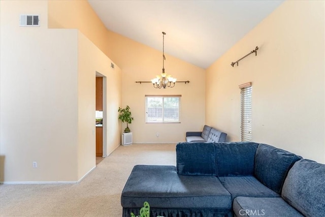 living area with visible vents, an inviting chandelier, baseboards, carpet flooring, and vaulted ceiling