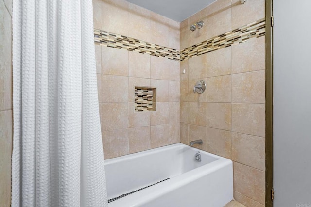 full bathroom with shower / bathtub combination with curtain