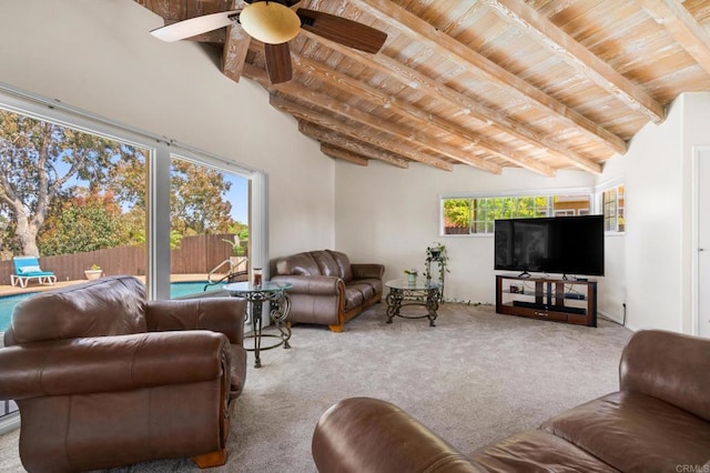 carpeted living area with wood ceiling, vaulted ceiling with beams, and a ceiling fan