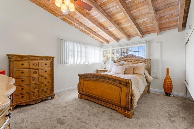 carpeted bedroom with wood ceiling, baseboards, lofted ceiling with beams, and ceiling fan