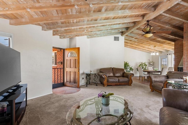 carpeted living room featuring lofted ceiling with beams, visible vents, wooden ceiling, and ceiling fan with notable chandelier