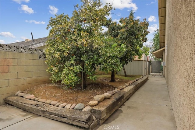 view of yard with an outdoor structure, a fenced backyard, and a shed