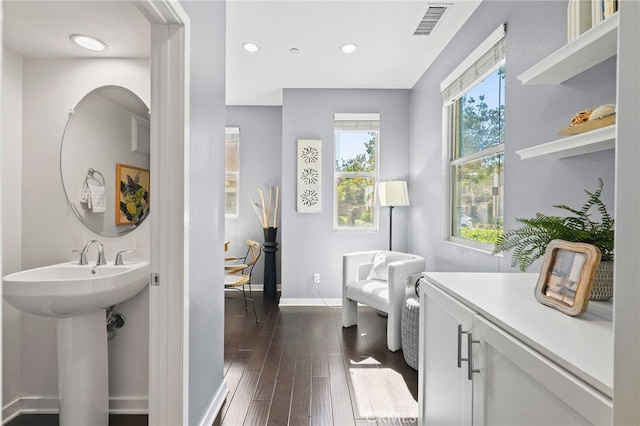 15 Clover, Lake Forest, CA 92630 - bathroom featuring baseboards, hardwood / wood-style floors, recessed lighting, and a sink