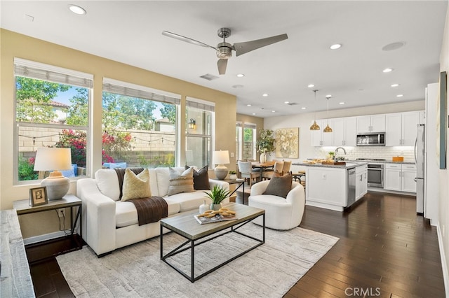 15 Clover, Lake Forest, CA 92630 - living area with a ceiling fan, dark wood finished floors, and recessed lighting