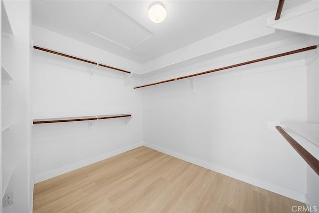 spacious closet with wood finished floors and attic access