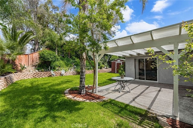 11820 Mount Wilson Ct, Rancho Cucamonga, CA 91737 - view of yard featuring fence, a pergola, a shed, an outbuilding, and a patio area