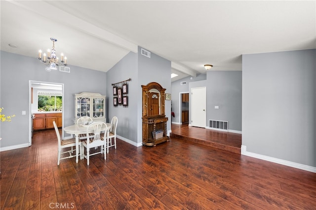 11820 Mount Wilson Ct, Rancho Cucamonga, CA 91737 - dining area with a notable chandelier, visible vents, vaulted ceiling with beams, and hardwood / wood-style floors