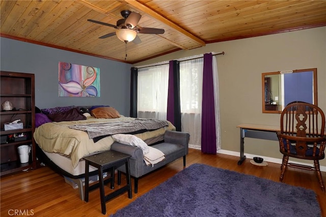 bedroom featuring crown molding, wood finished floors, baseboards, wood ceiling, and lofted ceiling with beams