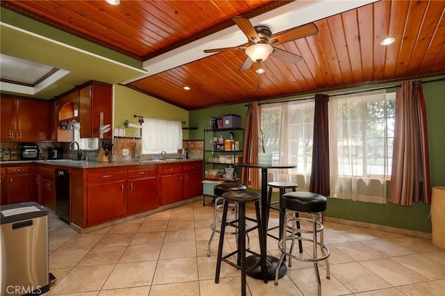 kitchen featuring ceiling fan, light tile patterned flooring, wooden ceiling, and tasteful backsplash