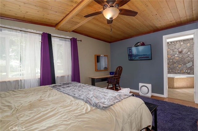 bedroom with wood finished floors, wooden ceiling, baseboards, lofted ceiling with beams, and ornamental molding