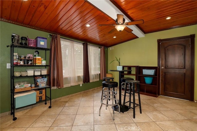 tiled dining space featuring wooden ceiling, a ceiling fan, and recessed lighting