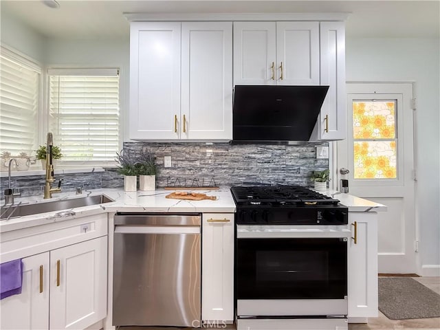 kitchen featuring stainless steel dishwasher, black range with gas stovetop, a sink, backsplash, and exhaust hood