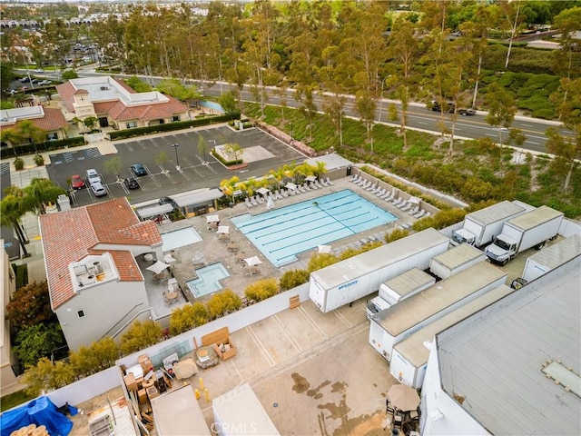 drone / aerial view of a pool area
