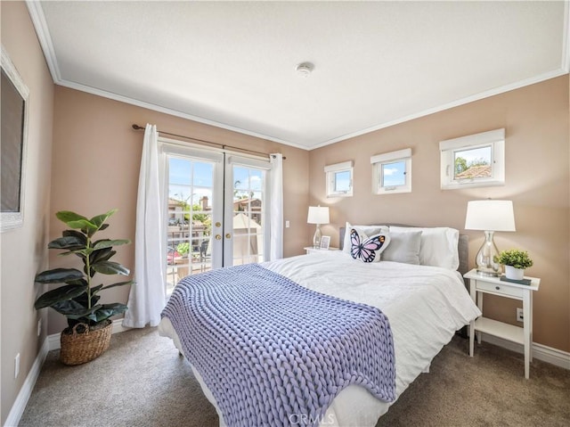 bedroom with access to exterior, carpet floors, french doors, ornamental molding, and baseboards