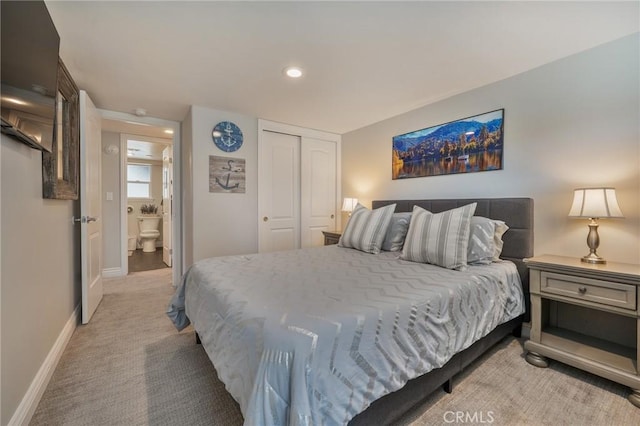 27550 N Bay Rd, Lake Arrowhead, CA 92352 - bedroom with light carpet, baseboards, recessed lighting, a closet, and connected bathroom