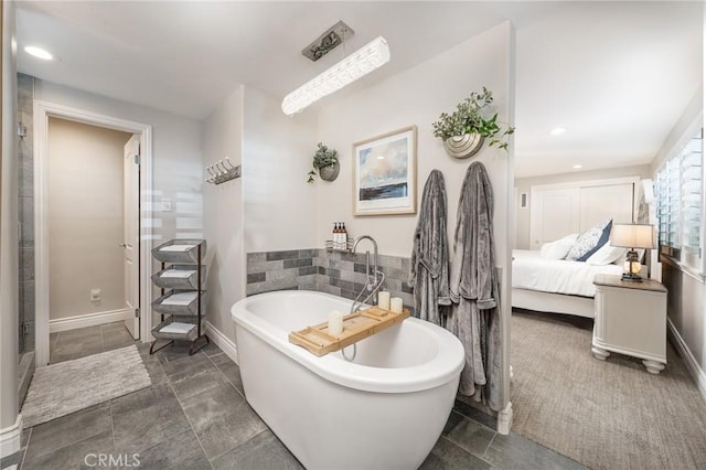 27550 N Bay Rd, Lake Arrowhead, CA 92352 - bathroom with a soaking tub, recessed lighting, connected bathroom, and baseboards