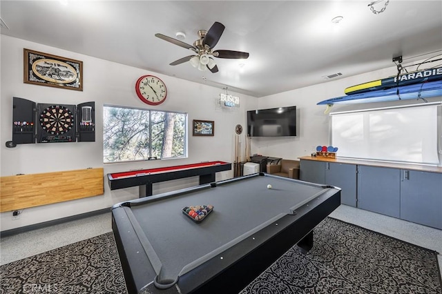 27550 N Bay Rd, Lake Arrowhead, CA 92352 - game room featuring speckled floor, a ceiling fan, billiards table, and baseboards