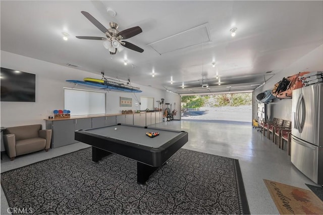 27550 N Bay Rd, Lake Arrowhead, CA 92352 - playroom with attic access, ceiling fan, and billiards table