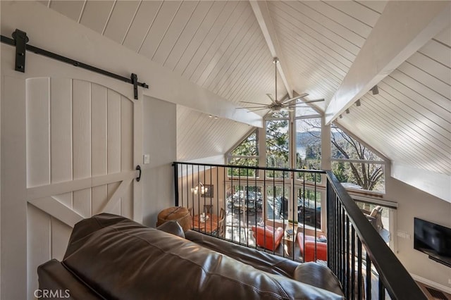 27550 N Bay Rd, Lake Arrowhead, CA 92352 - living area featuring a barn door, ceiling fan, and wooden ceiling