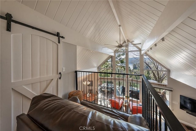 27550 N Bay Rd, Lake Arrowhead, CA 92352 - living area with a barn door, ceiling fan, and wood ceiling