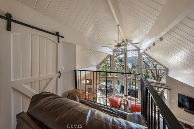 27550 N Bay Rd, Lake Arrowhead, CA 92352 - living area featuring a barn door, a ceiling fan, and wooden ceiling